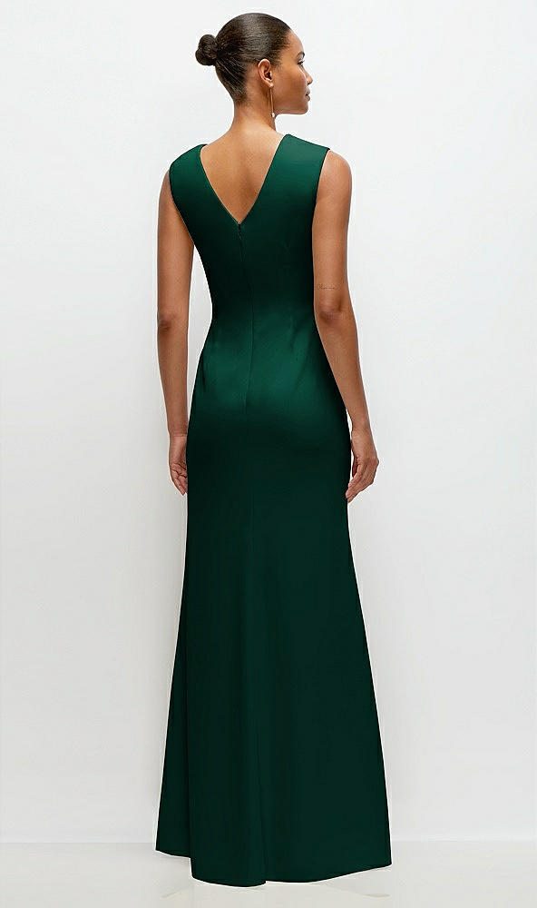 Back View - Hunter Green Sleeveless Cap Shoulder Crepe Maxi Dress with Trumpet Skirt