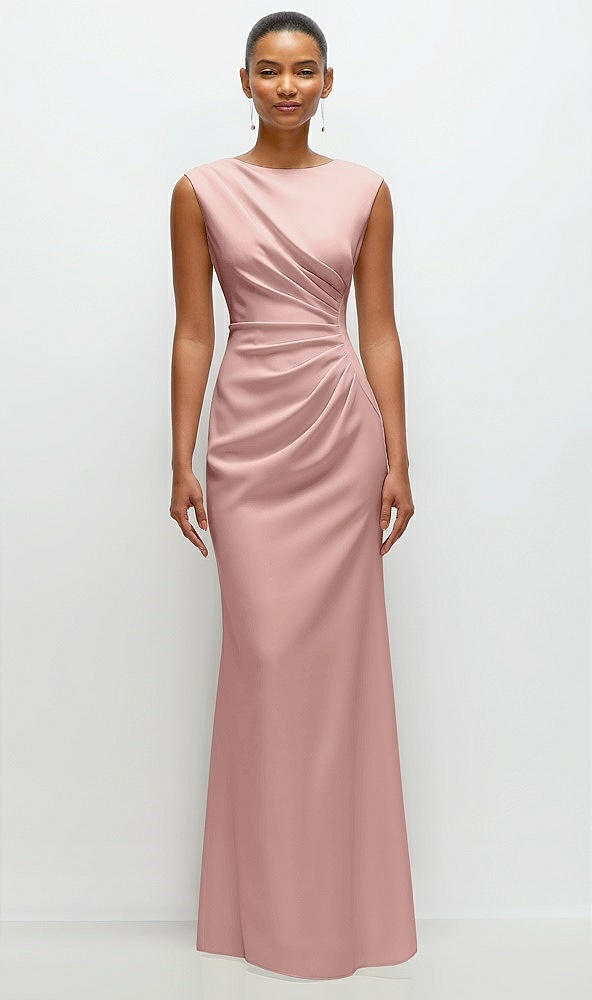 Front View - Rose - PANTONE Rose Quartz Sleeveless Cap Shoulder Crepe Maxi Dress with Trumpet Skirt