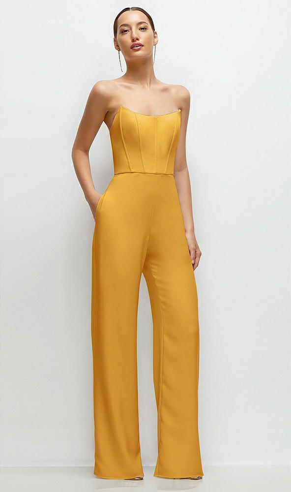 Front View - NYC Yellow Strapless Cat-Eye Corset Crepe Wedding Jumpsuit