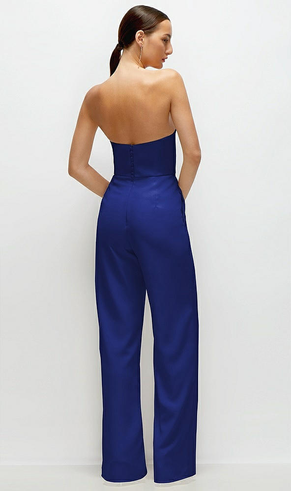 Back View - Cobalt Blue Strapless Cat-Eye Corset Crepe Wedding Jumpsuit