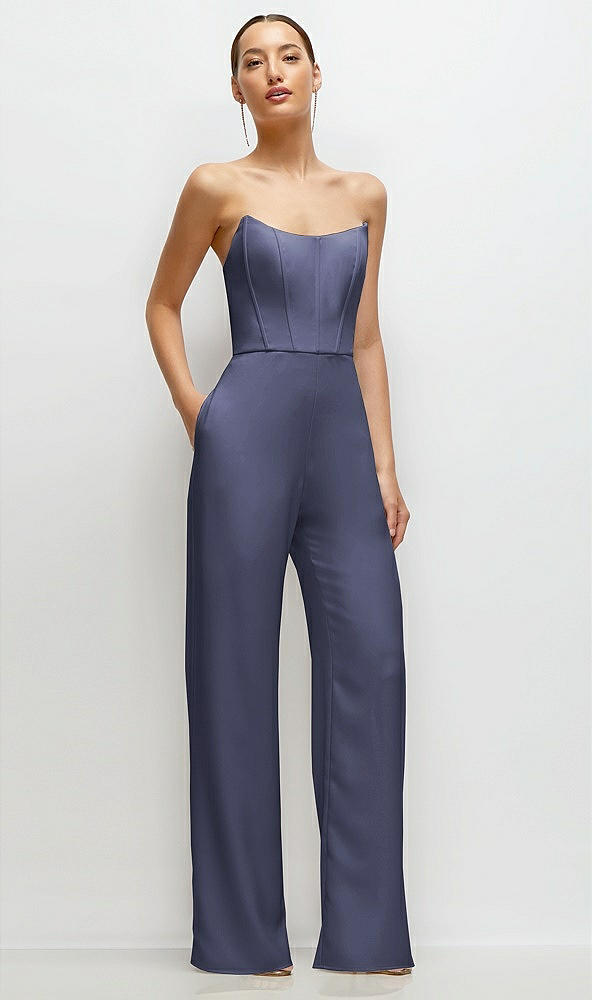 Front View - French Blue Strapless Cat-Eye Corset Crepe Wedding Jumpsuit