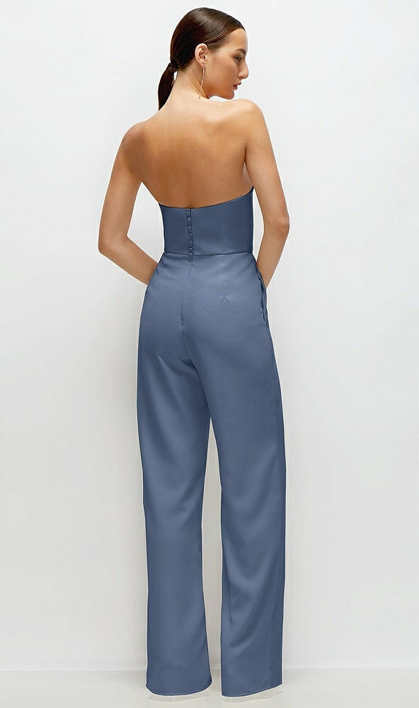 Back View - Larkspur Blue Strapless Cat-Eye Corset Crepe Wedding Jumpsuit