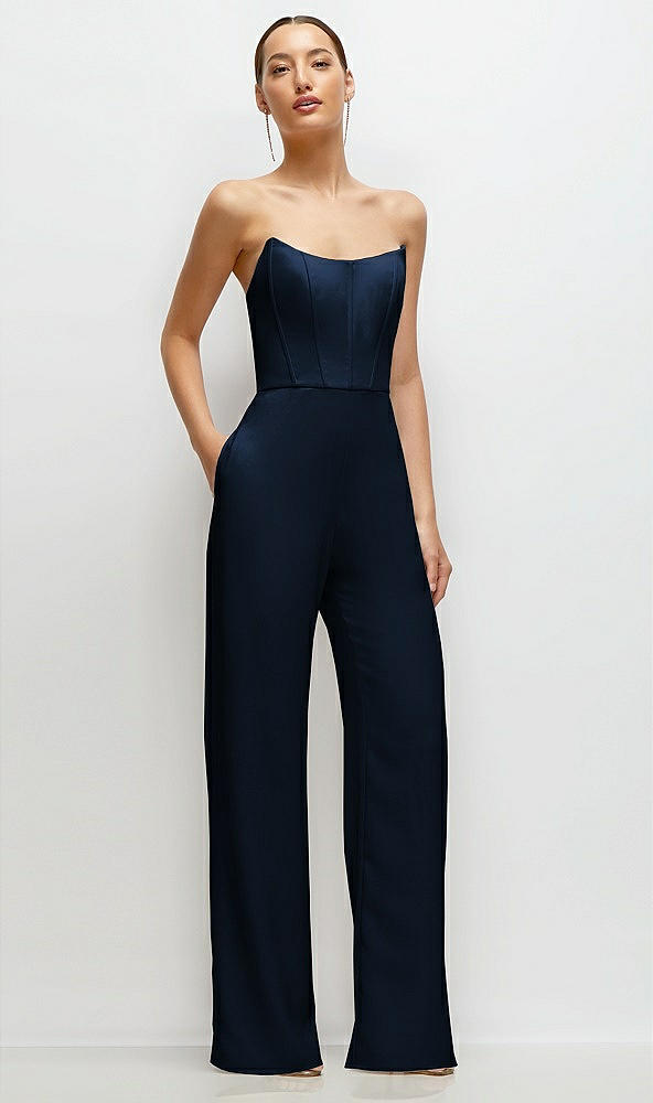 Front View - Midnight Navy Strapless Cat-Eye Corset Crepe Wedding Jumpsuit