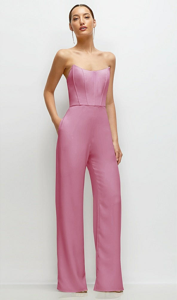 Front View - Powder Pink Strapless Cat-Eye Corset Crepe Wedding Jumpsuit