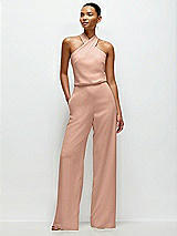 Front View Thumbnail - Pale Peach Pleated Halter Blouson Crepe Wedding Jumpsuit with Self-Tie Bow Back