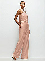 Side View Thumbnail - Pale Peach Pleated Halter Blouson Crepe Wedding Jumpsuit with Self-Tie Bow Back