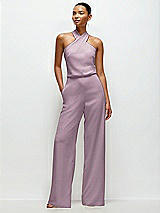 Front View Thumbnail - Suede Rose Pleated Halter Blouson Crepe Wedding Jumpsuit with Self-Tie Bow Back