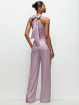 Rear View Thumbnail - Suede Rose Pleated Halter Blouson Crepe Wedding Jumpsuit with Self-Tie Bow Back