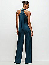 Alt View 1 Thumbnail - Atlantic Blue Pleated Halter Blouson Crepe Wedding Jumpsuit with Self-Tie Bow Back