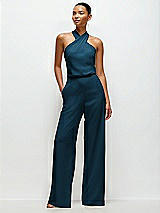 Front View Thumbnail - Atlantic Blue Pleated Halter Blouson Crepe Wedding Jumpsuit with Self-Tie Bow Back