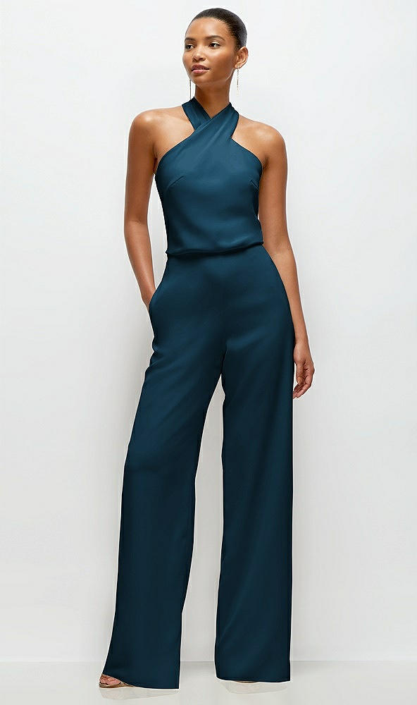 Front View - Atlantic Blue Pleated Halter Blouson Crepe Wedding Jumpsuit with Self-Tie Bow Back