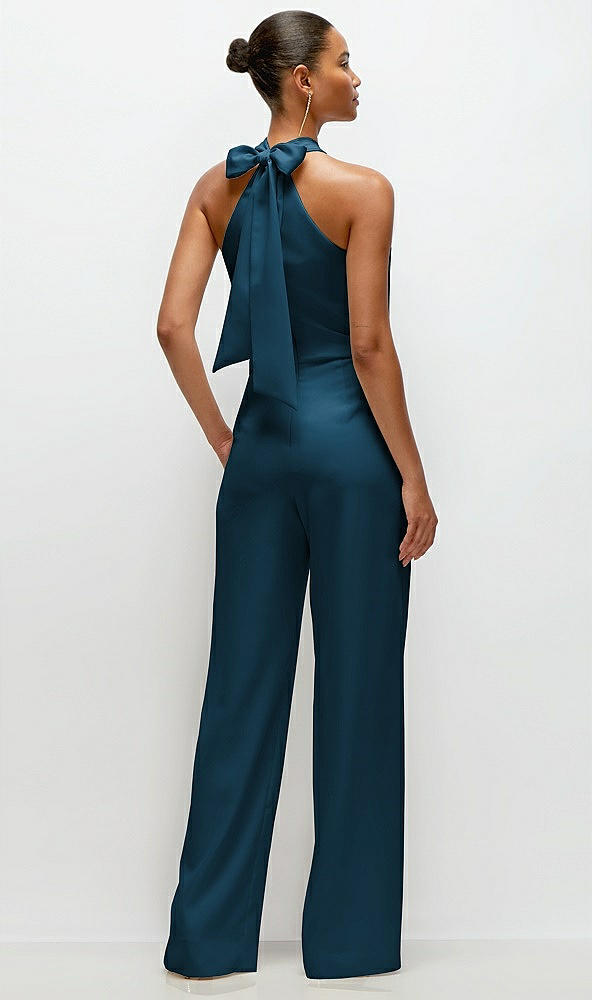 Back View - Atlantic Blue Pleated Halter Blouson Crepe Wedding Jumpsuit with Self-Tie Bow Back