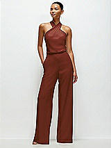 Front View Thumbnail - Auburn Moon Pleated Halter Blouson Crepe Wedding Jumpsuit with Self-Tie Bow Back