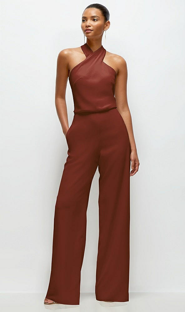 Front View - Auburn Moon Pleated Halter Blouson Crepe Wedding Jumpsuit with Self-Tie Bow Back