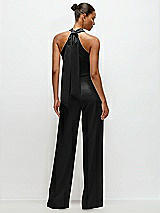 Alt View 1 Thumbnail - Black Pleated Halter Blouson Crepe Wedding Jumpsuit with Self-Tie Bow Back