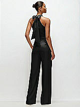 Rear View Thumbnail - Black Pleated Halter Blouson Crepe Wedding Jumpsuit with Self-Tie Bow Back