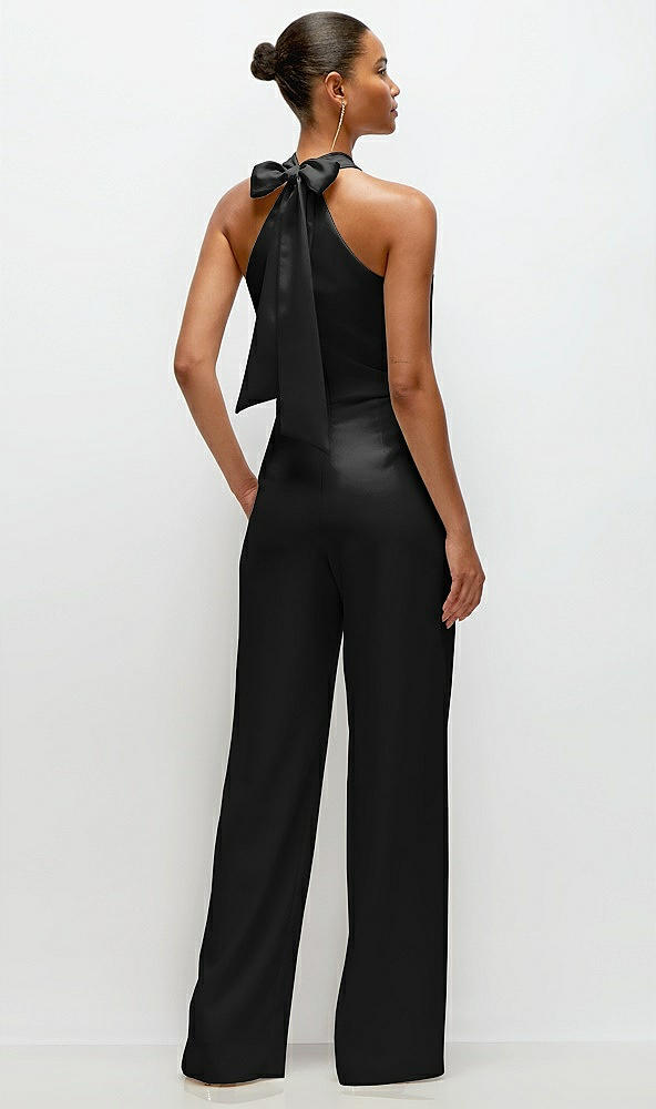 Back View - Black Pleated Halter Blouson Crepe Wedding Jumpsuit with Self-Tie Bow Back