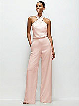 Front View Thumbnail - Blush Pleated Halter Blouson Crepe Wedding Jumpsuit with Self-Tie Bow Back