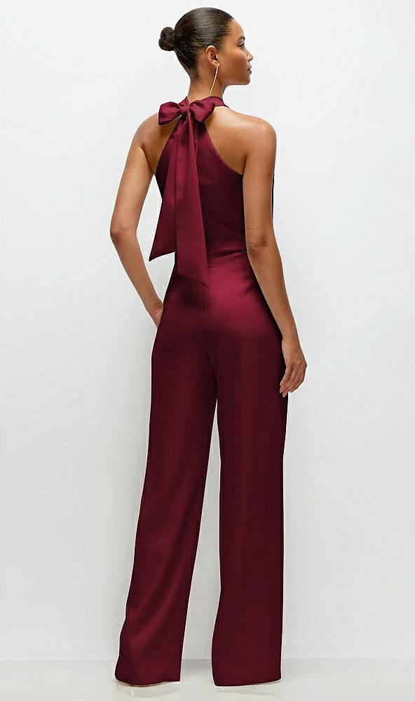 Back View - Burgundy Pleated Halter Blouson Crepe Wedding Jumpsuit with Self-Tie Bow Back