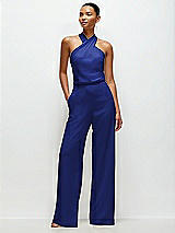 Front View Thumbnail - Cobalt Blue Pleated Halter Blouson Crepe Wedding Jumpsuit with Self-Tie Bow Back