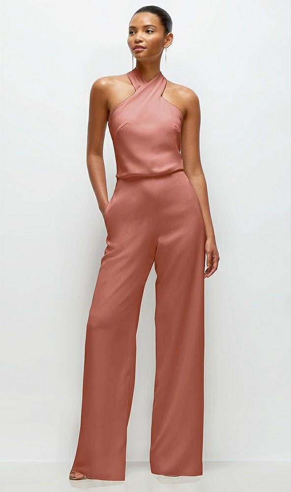 Front View - Desert Rose Pleated Halter Blouson Crepe Wedding Jumpsuit with Self-Tie Bow Back