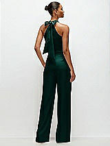 Rear View Thumbnail - Evergreen Pleated Halter Blouson Crepe Wedding Jumpsuit with Self-Tie Bow Back