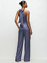 Rear View Thumbnail - French Blue Pleated Halter Blouson Crepe Wedding Jumpsuit with Self-Tie Bow Back