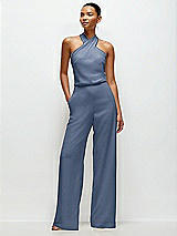 Front View Thumbnail - Larkspur Blue Pleated Halter Blouson Crepe Wedding Jumpsuit with Self-Tie Bow Back