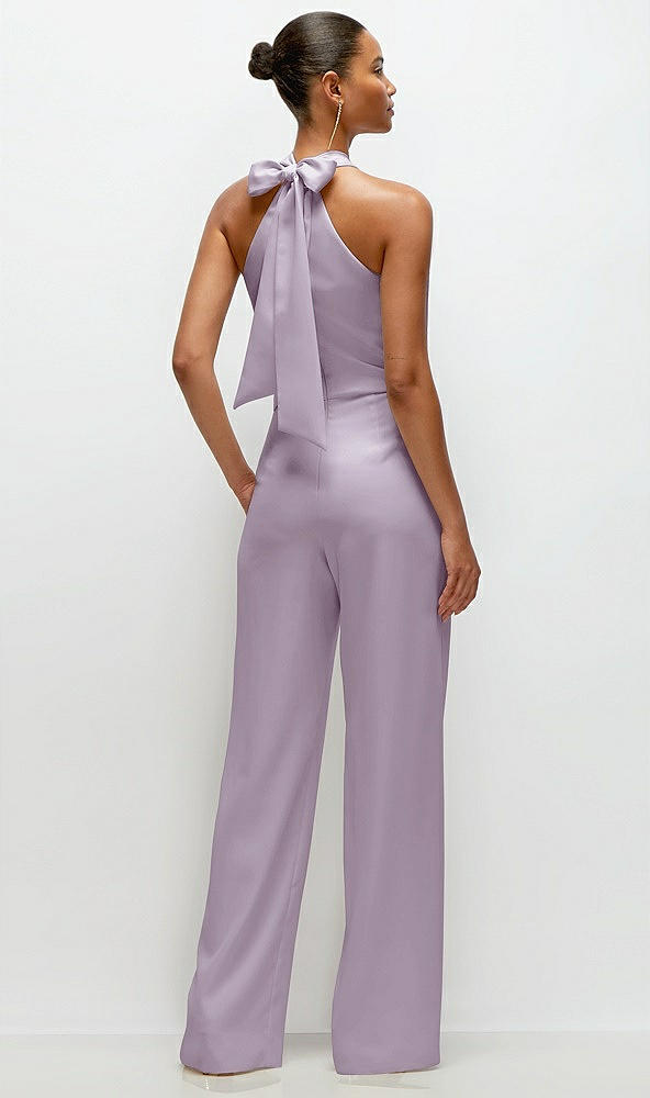 Back View - Lilac Haze Pleated Halter Blouson Crepe Wedding Jumpsuit with Self-Tie Bow Back