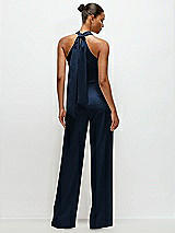 Alt View 1 Thumbnail - Midnight Navy Pleated Halter Blouson Crepe Wedding Jumpsuit with Self-Tie Bow Back