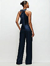 Rear View Thumbnail - Midnight Navy Pleated Halter Blouson Crepe Wedding Jumpsuit with Self-Tie Bow Back