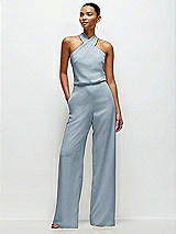 Front View Thumbnail - Mist Pleated Halter Blouson Crepe Wedding Jumpsuit with Self-Tie Bow Back