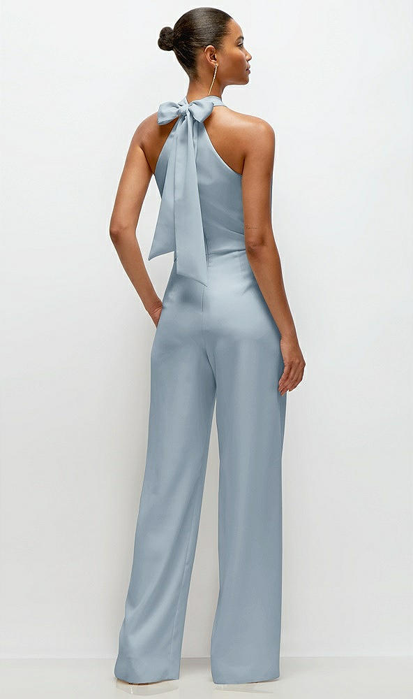 Back View - Mist Pleated Halter Blouson Crepe Wedding Jumpsuit with Self-Tie Bow Back