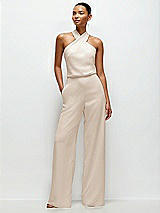 Front View Thumbnail - Oat Pleated Halter Blouson Crepe Wedding Jumpsuit with Self-Tie Bow Back