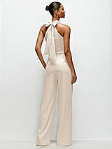 Rear View Thumbnail - Oat Pleated Halter Blouson Crepe Wedding Jumpsuit with Self-Tie Bow Back