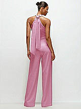 Alt View 1 Thumbnail - Powder Pink Pleated Halter Blouson Crepe Wedding Jumpsuit with Self-Tie Bow Back