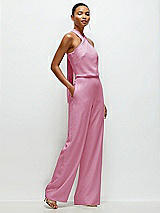 Side View Thumbnail - Powder Pink Pleated Halter Blouson Crepe Wedding Jumpsuit with Self-Tie Bow Back