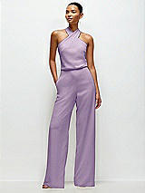 Front View Thumbnail - Pale Purple Pleated Halter Blouson Crepe Wedding Jumpsuit with Self-Tie Bow Back