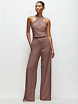 Front View Thumbnail - Sienna Pleated Halter Blouson Crepe Wedding Jumpsuit with Self-Tie Bow Back