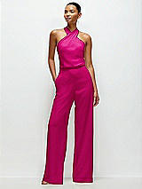 Front View Thumbnail - Think Pink Pleated Halter Blouson Crepe Wedding Jumpsuit with Self-Tie Bow Back