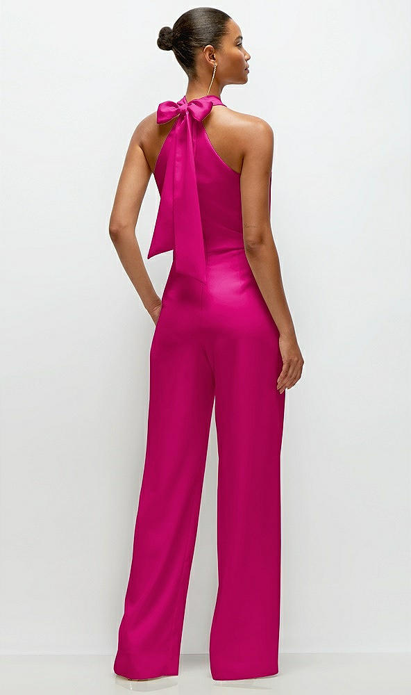 Back View - Think Pink Pleated Halter Blouson Crepe Wedding Jumpsuit with Self-Tie Bow Back