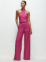 Front View Thumbnail - Tea Rose Pleated Halter Blouson Crepe Wedding Jumpsuit with Self-Tie Bow Back