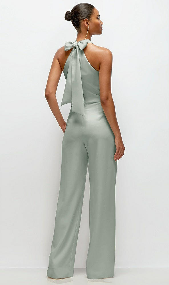 Back View - Willow Green Pleated Halter Blouson Crepe Wedding Jumpsuit with Self-Tie Bow Back