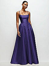 Front View Thumbnail - Grape Scoop Neck Drop Basque Skirt Satin Maxi Dress with Pockets