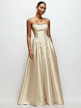 Front View Thumbnail - Champagne Scoop Neck Drop Basque Skirt Satin Maxi Dress with Pockets