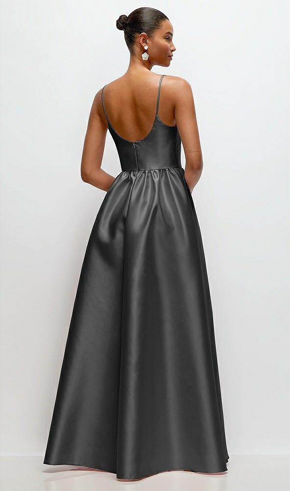 Back View - Pewter Scoop Neck Drop Basque Skirt Satin Maxi Dress with Pockets