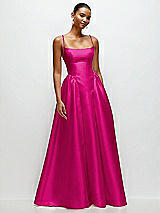 Front View Thumbnail - Think Pink Scoop Neck Drop Basque Skirt Satin Maxi Dress with Pockets