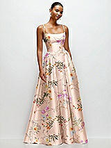 Front View Thumbnail - Butterfly Botanica Pink Sand Scoop Neck Drop Basque Skirt Floral Satin Maxi Dress with Pockets