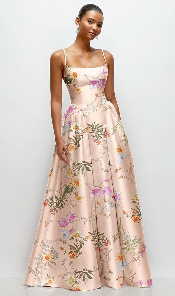 Front View - Butterfly Botanica Pink Sand Scoop Neck Drop Basque Skirt Floral Satin Maxi Dress with Pockets