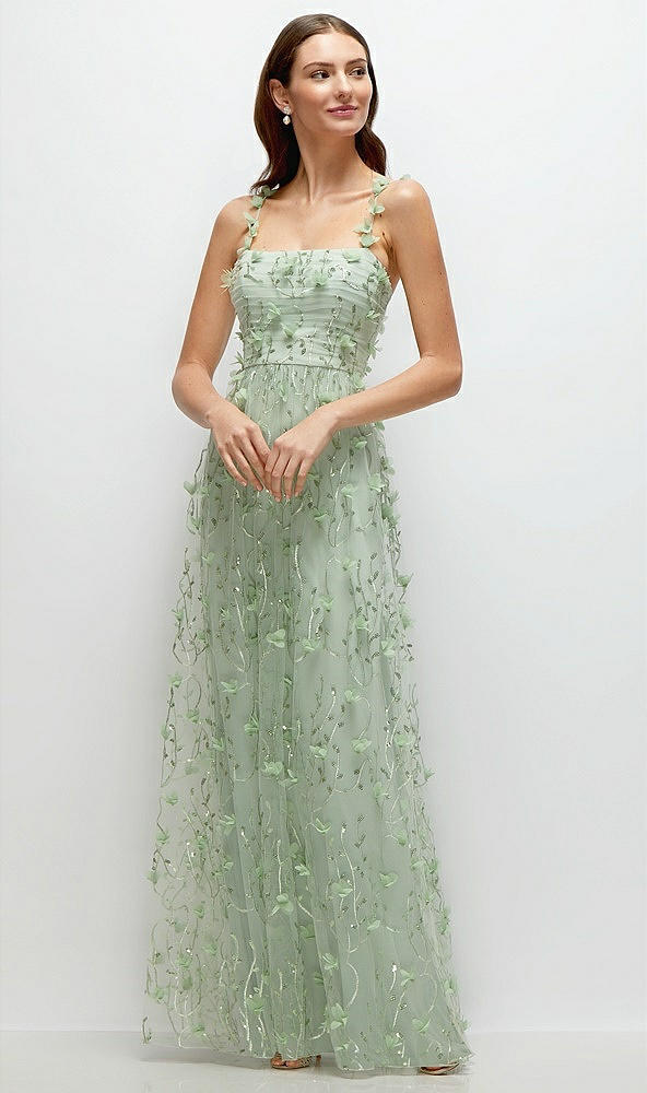 Front View - Celadon Shirred 3D Sequin Embroidery Floral Maxi Dress with Petal-Adorned Straps